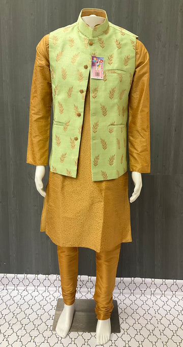 Kurta with Vest - Men's Party Wear Brown Kurta Pajama with Jacket