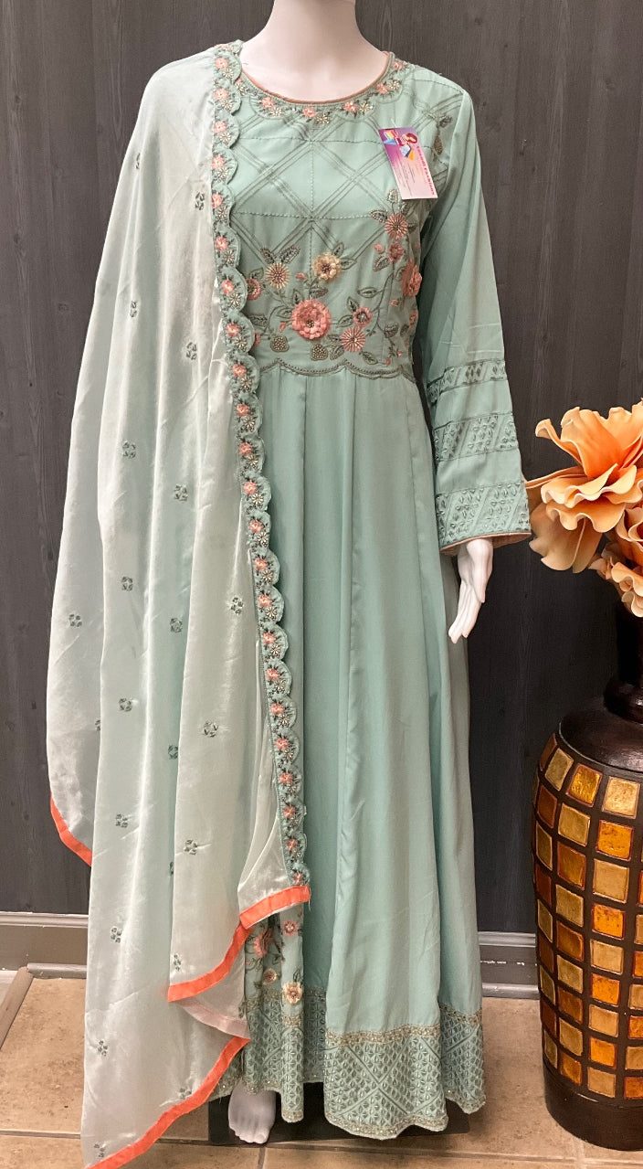 Indian Party Dresses - Light Blue Party wear long dress with dupatta - size 42 image 1