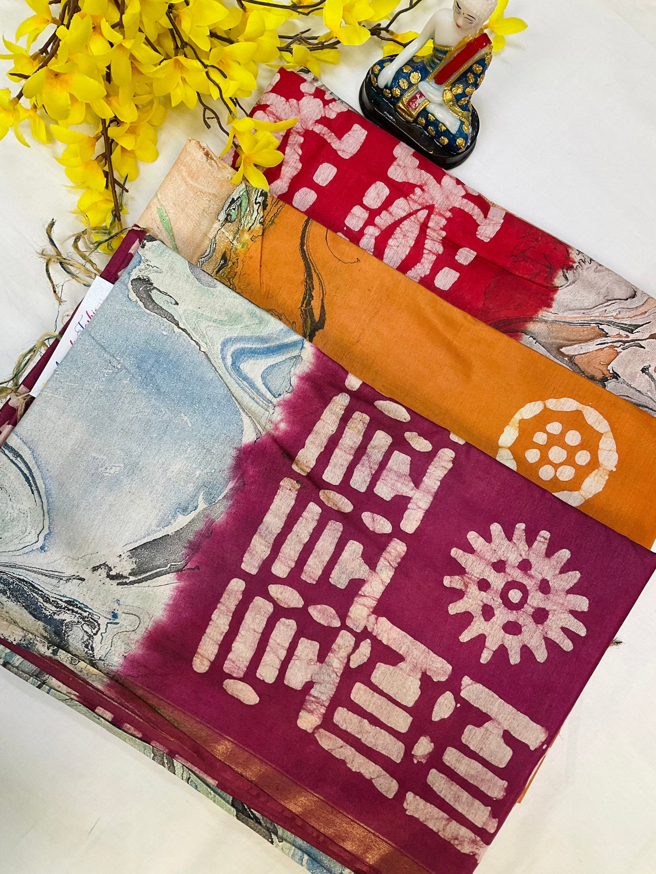 Batik print sarees with digital print pallu image 0