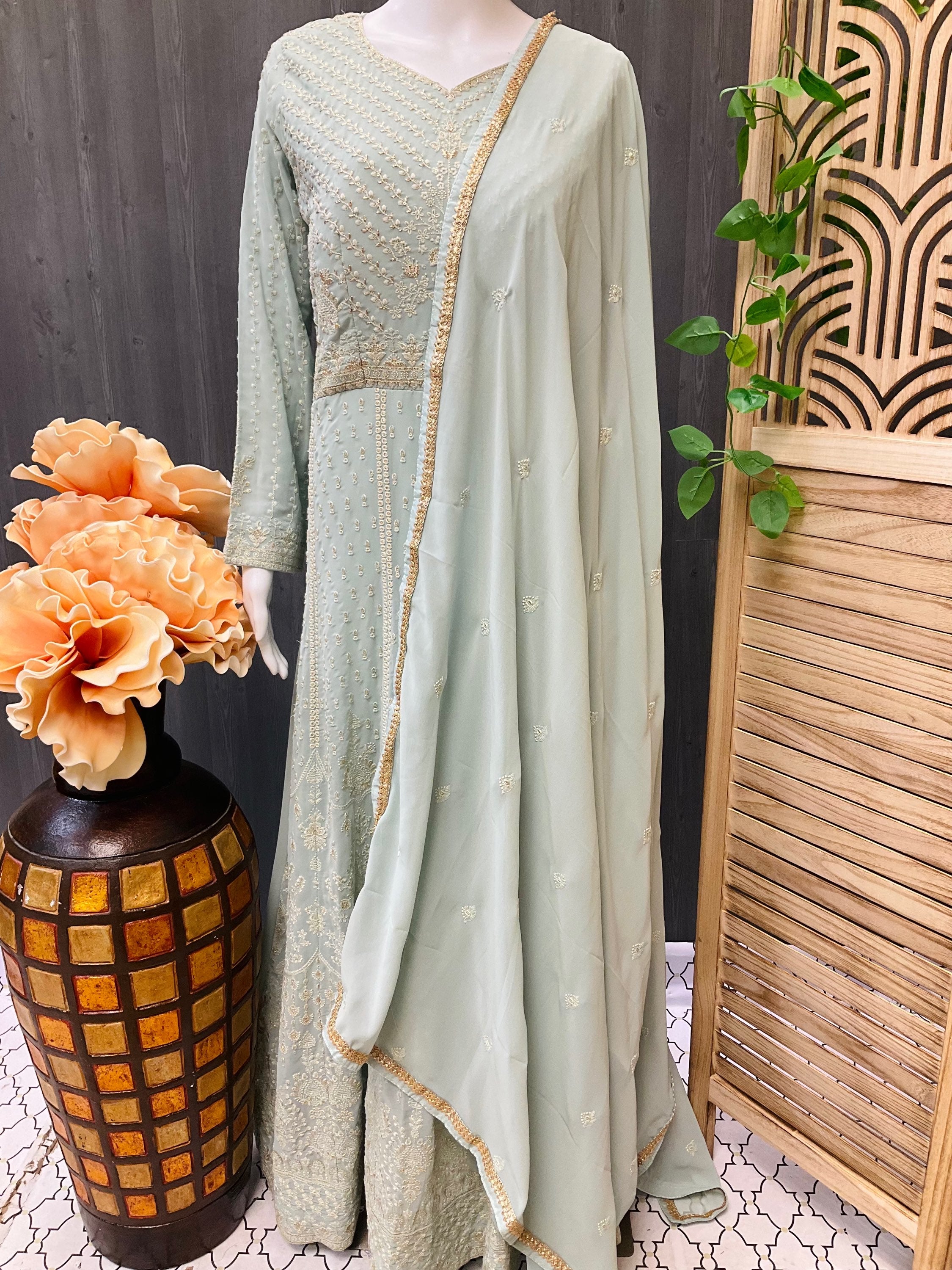 Designer wear dress with floor length and long sleeves image 0