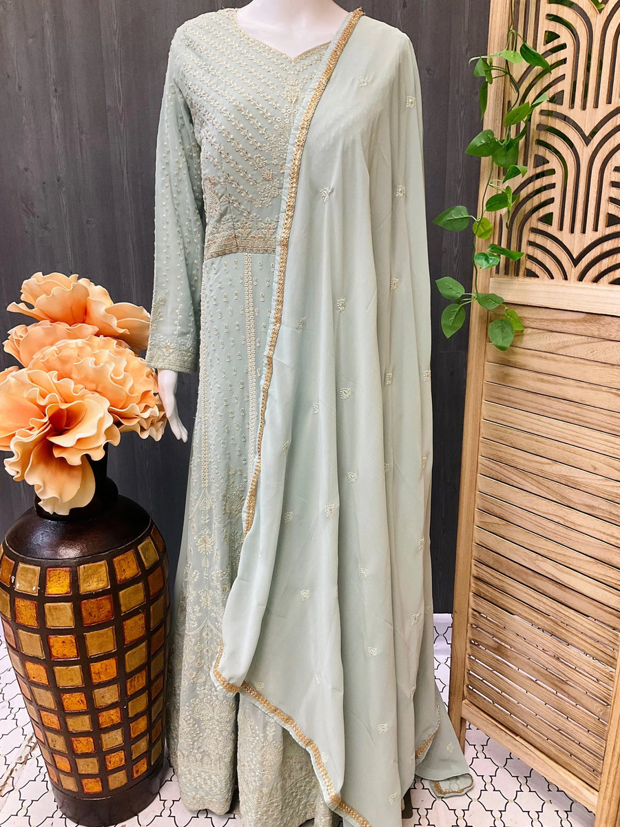 Designer wear dress with floor length and long sleeves