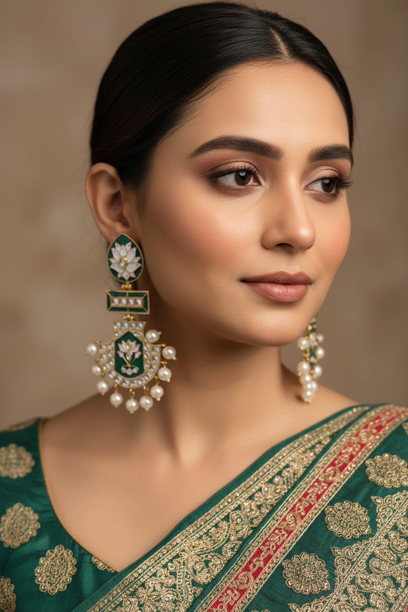 Close-up of woman wearing green and gold Indian ethnic saree with detailed embroidery and large pearl earrings
