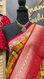Unique Pattern - Mustard yellow Russian Silk saree with Stitched Blouse