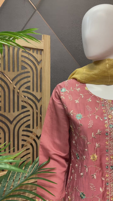 Onion pink Embroidery Work kurti set