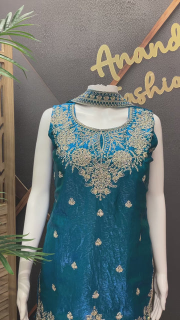 Peacock Blue Party Wear Sharara Set Size 40 - Glass Tissue with Embroidery