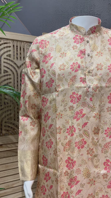 Gold Color - Floral Silk Mens Wear kurta set
