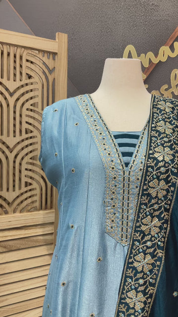 Size 50 - Plus Size Blue Long Anarkali Dress