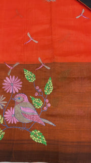 Mangalagiri Silk Orange Saree with stitched Blouse