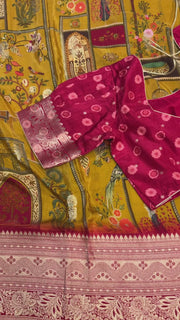 Unique Pattern - Mustard yellow Russian Silk saree with Stitched Blouse