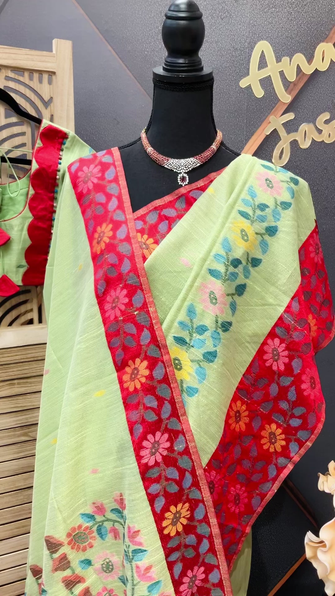 Green Lenin Jamdhani weaving Saree with Stitched blouse - fall pico done