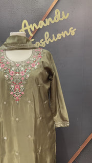 Women’s Plus Size Olive Green H O Silk Kurti Set