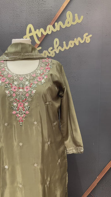 Plus Size Olive Green Party Wear Kurti Set Size 48 - H O Silk
