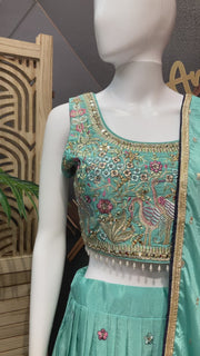 Women’s Sea Green Embroidered Lehenga Choli Set with Matching Dupatta