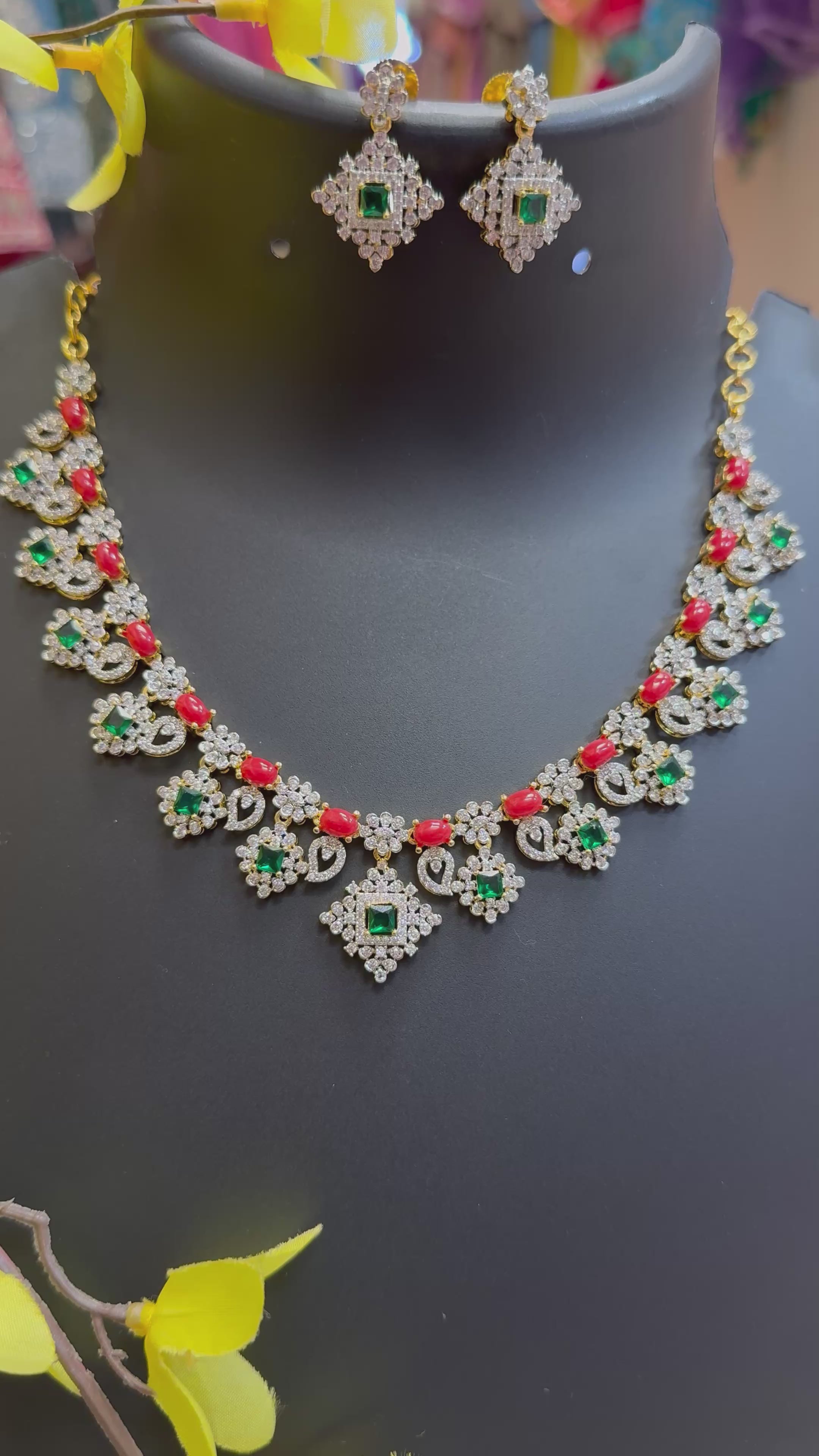 Party Wear - CZ Necklace set with Corals/Pagadam