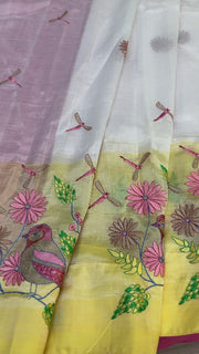 Mangalagiri Silk Half White Saree with stitched Blouse