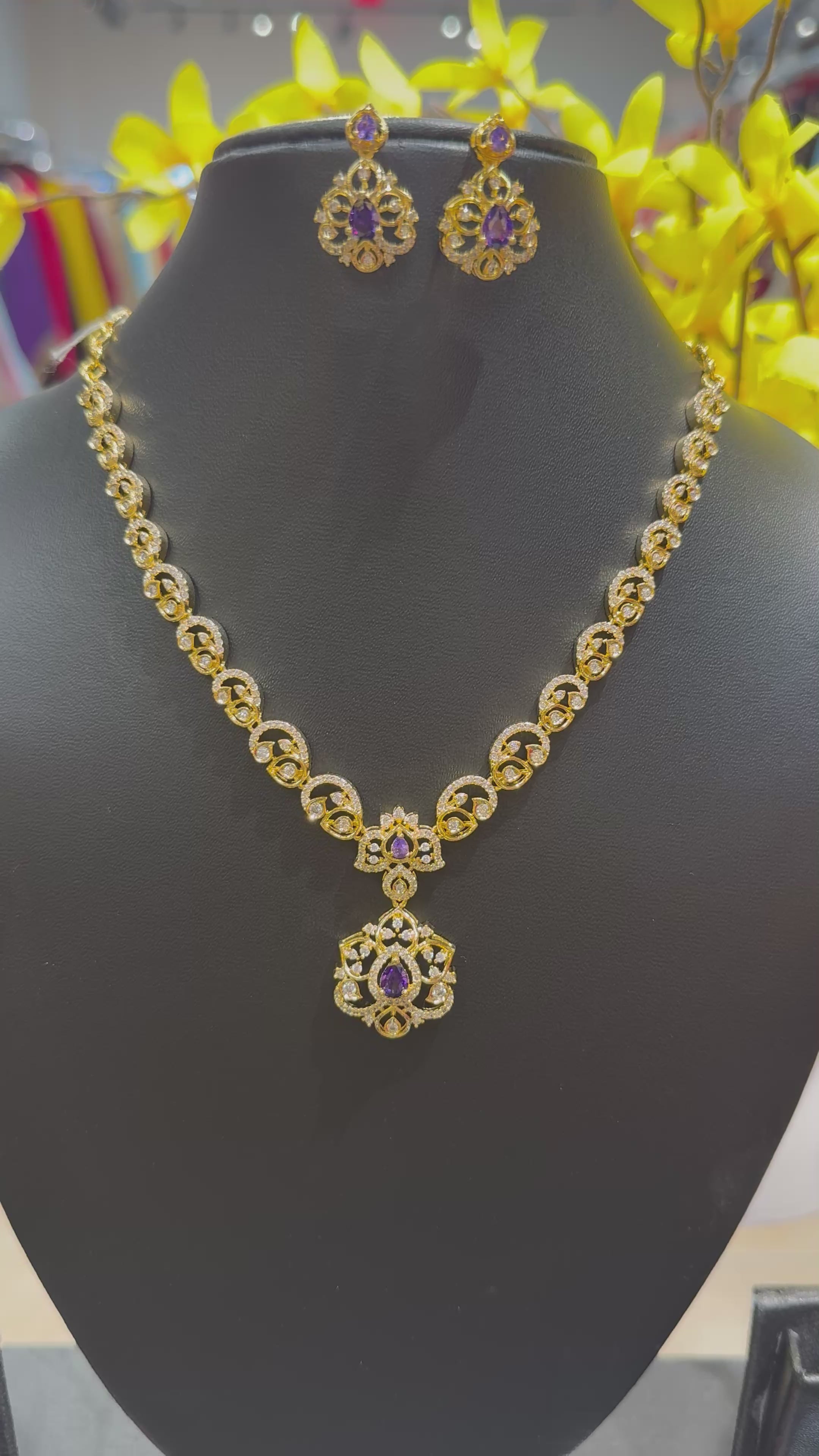 MicroGold Polish CZ Necklace set with Purple stone