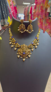 Temple Lord Balaji Venkateswara Swamy Necklace Set Antique Finish with Purple Stones