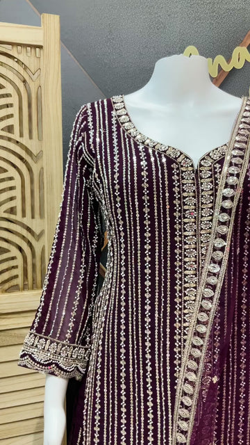 Size 38/Indian M - Party Wear Wine color -Georgette Palazzo/Sharara set