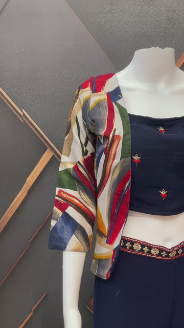 Navy Blue Party Wear Crop Top Palazzo Set with Vest