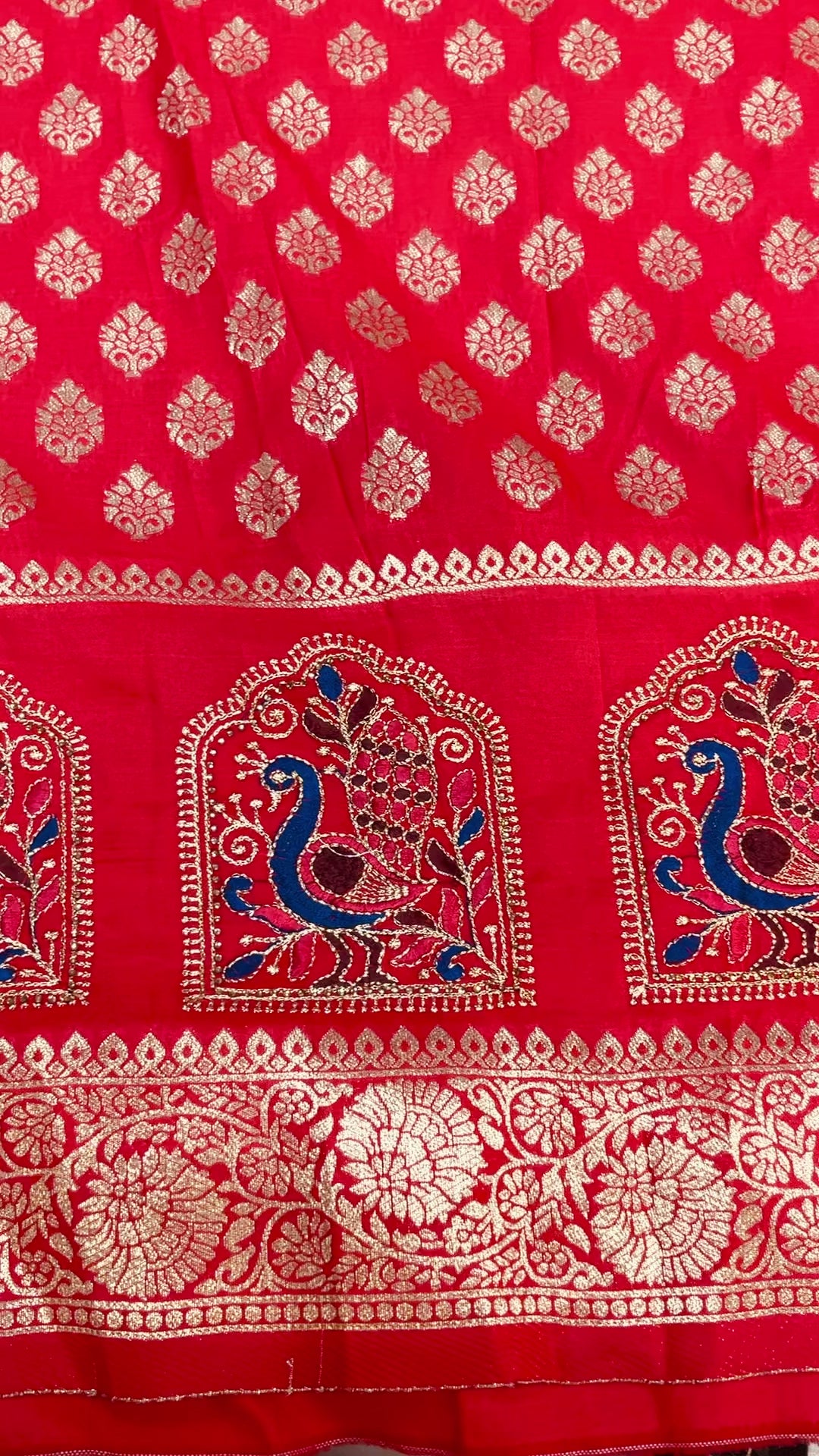 Mirchi Red Benarasi saree with peacock embroidary