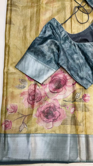 Floral Print Tussar Silk Saree with Stitched blouse