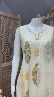 Cream color Pure Cotton Sleeves less Kurti set