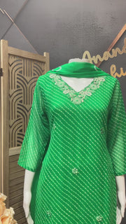 Green Leheriya Georgette Kurti set
