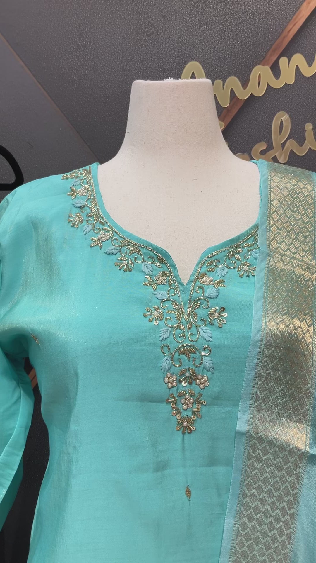 Plus Size - Aqua Blue Shimmery Tissue Party Wear Kurti Set