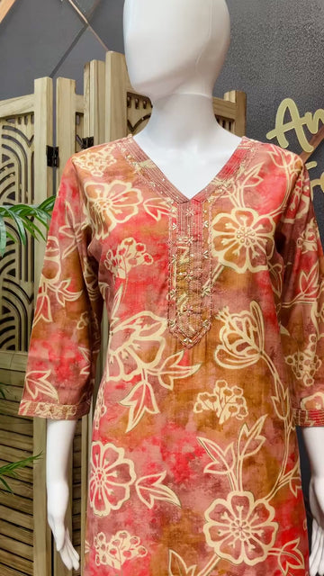 Peach Color- Cotton Floral Kurti