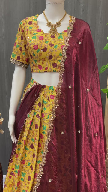 Yellow Kalamkari Half Saree Size 36 - Traditional Lehenga (fits upto 42)