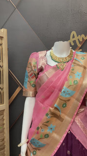 Wine & Baby Pink Silk Kota Half Saree set
