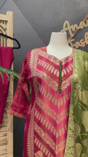 Plus size Party Wear Pink Benarasi Silk kurti set