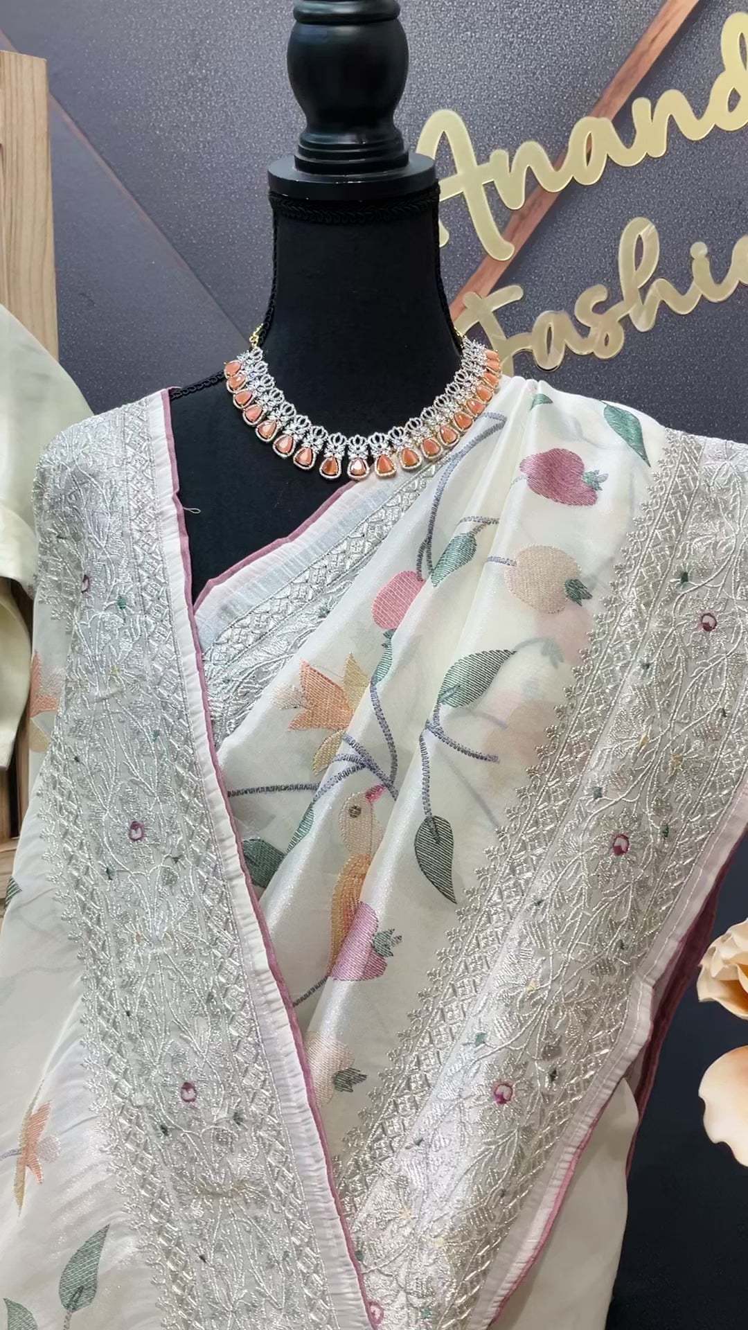Oragnza Tissue Embroidery work  saree with Stitched blouse