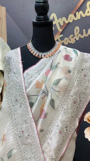 Oragnza Tissue Embroidery work saree with Stitched blouse