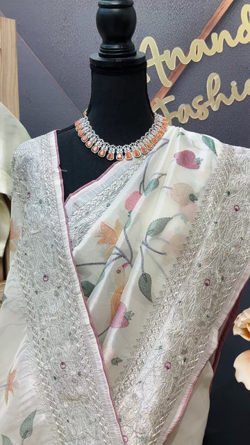 Oragnza Tissue Embroidery work saree with Stitched blouse