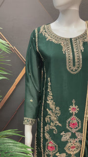 Dark Green Lightweight Shimmery with Gold Embroidery Palazzo Set