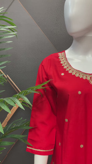 Red Party Wear Kurti Set - Roman Silk with Benarasi Dupatta & Gold Zari