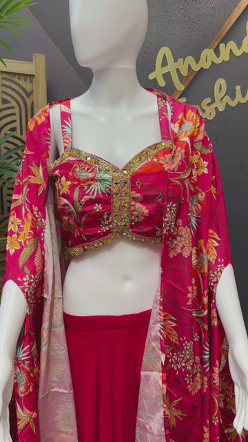 Pink Indo Western Sharara Set with Floral Shrug - Party Wear