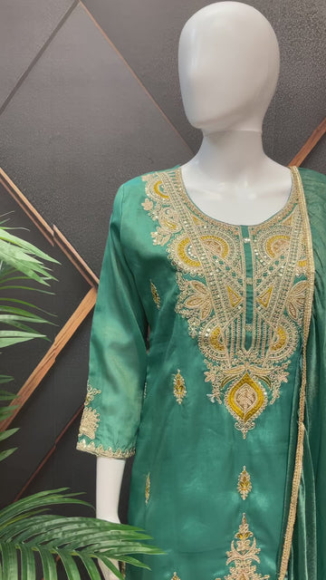 Party Wear Shimmery Silk Palazzo Set - Gold Embroidery