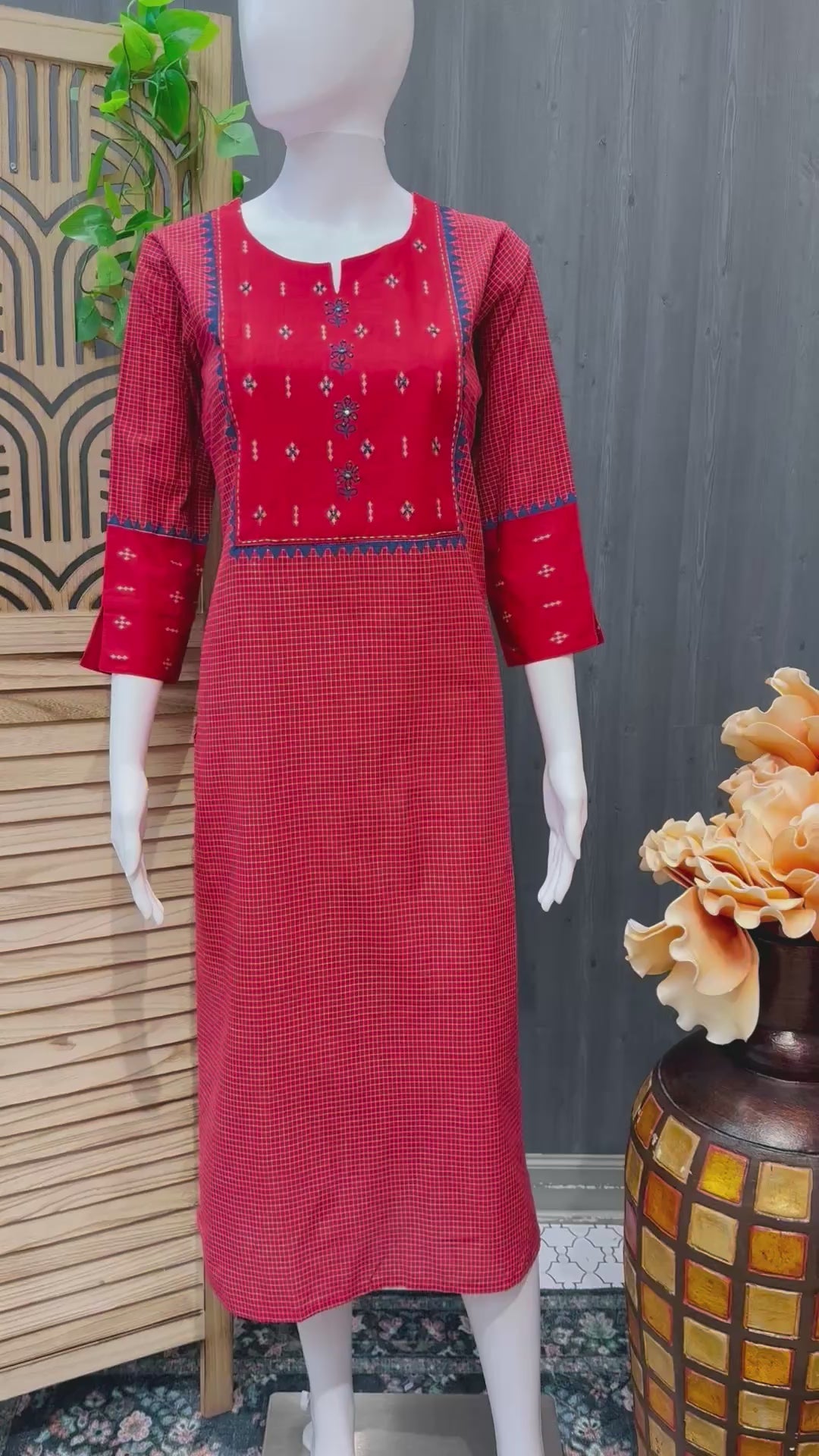 Maroon Color - Khadi Cotton Checks Design Kurti