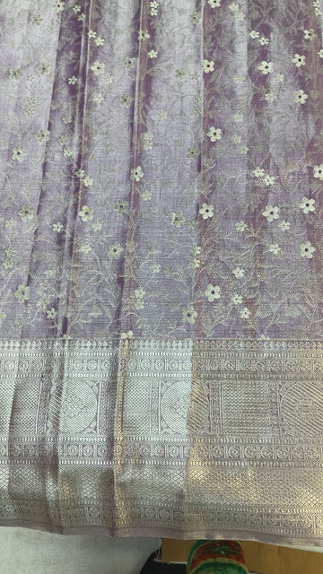 Pure Silk Pastel Colors Kanjeevaram Tissue Saree with Stitched Work Blouse