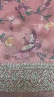 Pastel Pink Embroidery Work Saree with Stitched Blouse - Party Wear