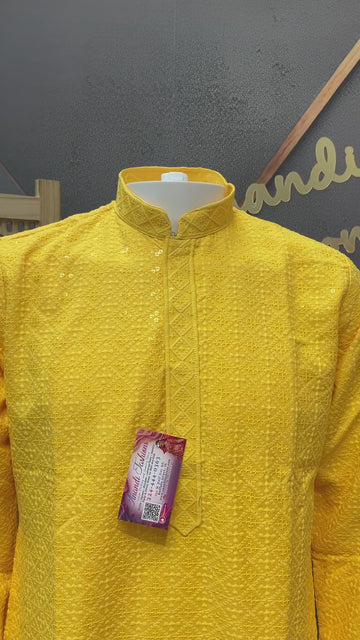 Yellow Chikankari Sequence Mens wear kurta set