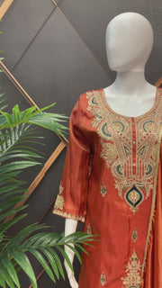 Rust Color Party Wear Shimmery Palazzo Set - Embroidery Work