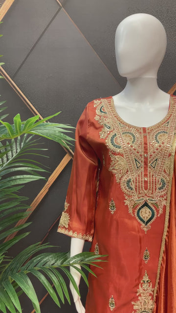 Rust Color Party Wear Shimmery Palazzo Set - Embroidery Work