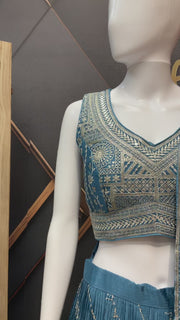 Women’s Teal Blue Embroidered Lehenga Choli with Dupatta