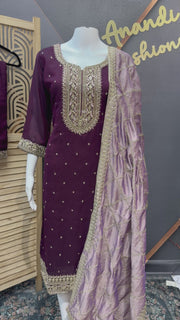 Women’s Wine Vichitra Silk with Dupatta Kurti Set