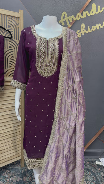 Wine Color Party Wear Kurti Set Size 40- Vichitra Silk with Lavender Dupatta