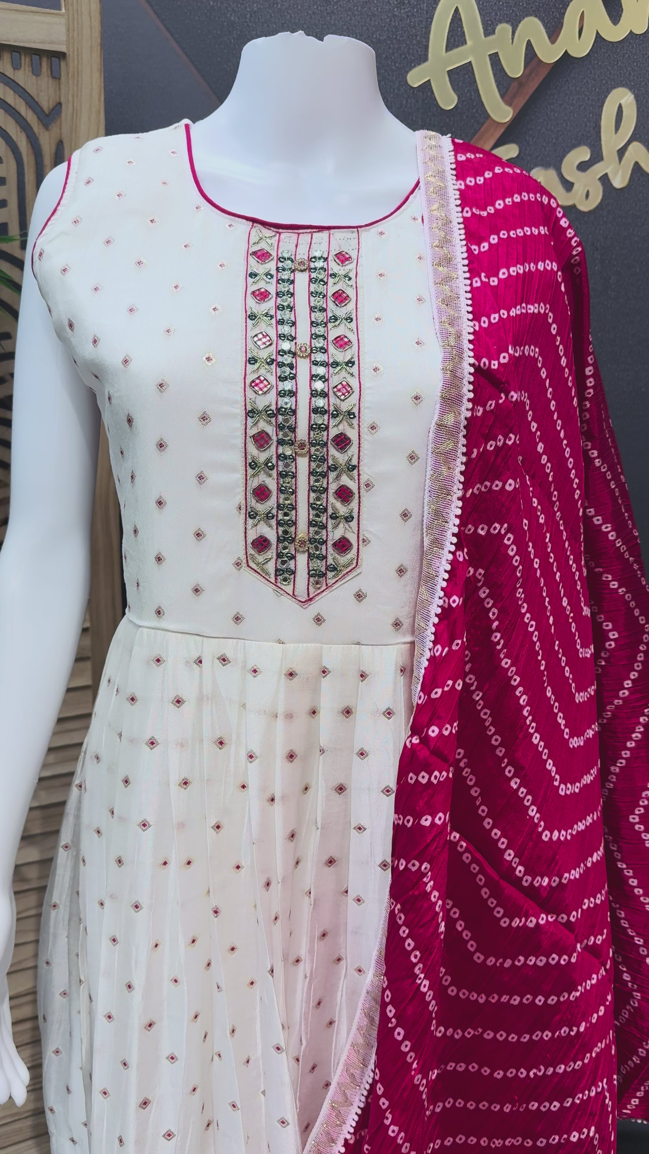 Teenage Girls- Party Wear White Long Dress with Bandhani Dupatta