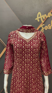Maroon Georgette Anarkali Model Party Wear Kurti set